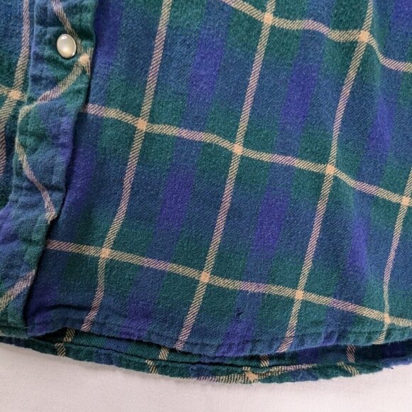 VTG Wrangler Wrancher Shirt Blue Green Plaid Pearl Snap Long Sleeve Shirt - Picture 7 of 7